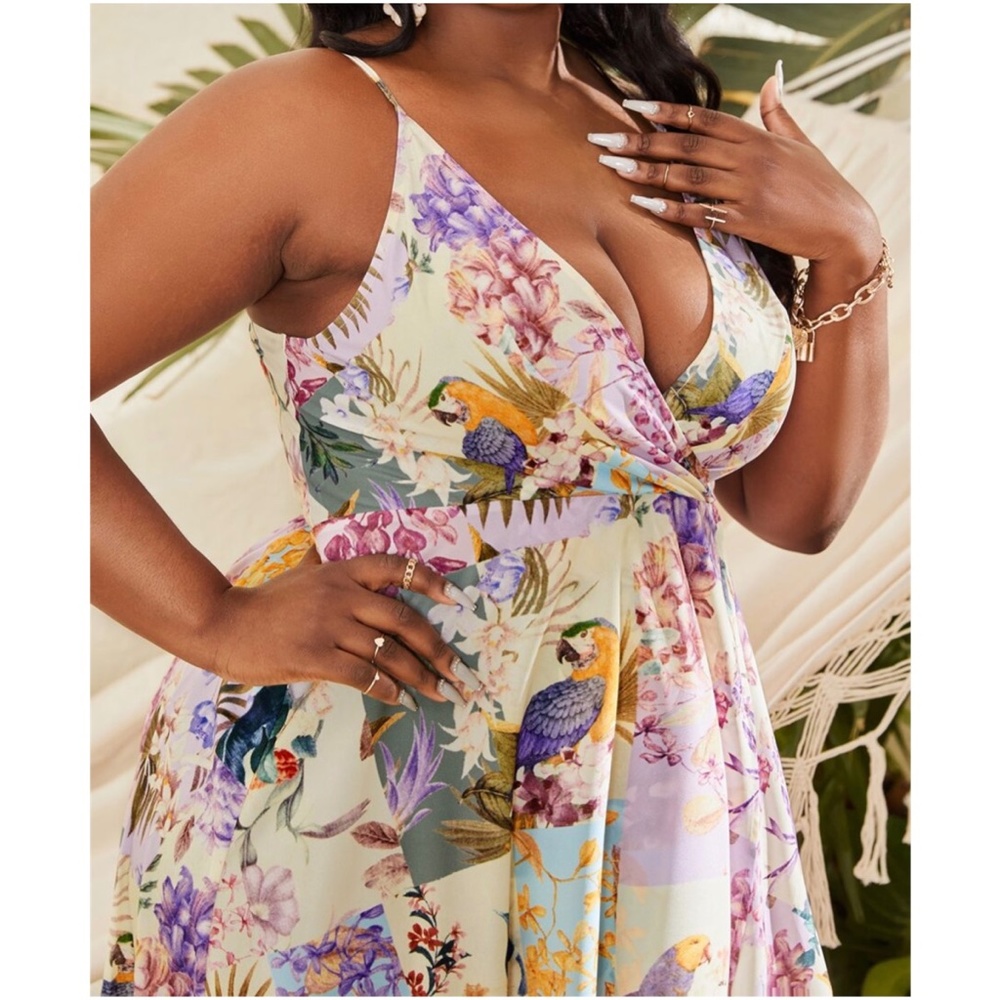 Boho Floral Print Criss Cross Back Maxi Wedding Party Dress - Picture 4 of 5